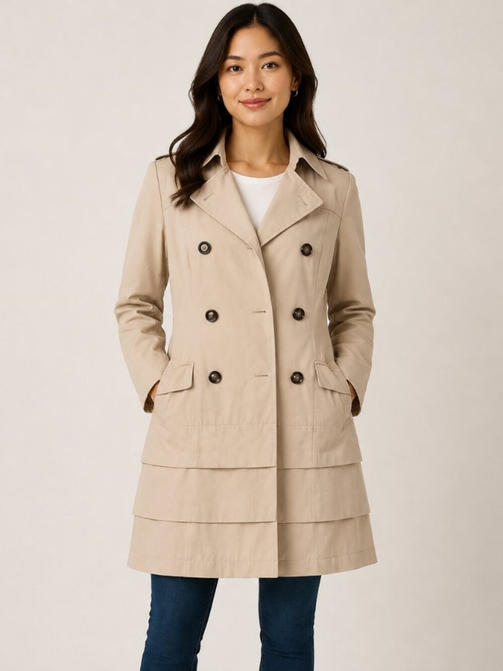 Cleo Petite Women’s Trench Coat Size 4P Beige Double Breasted